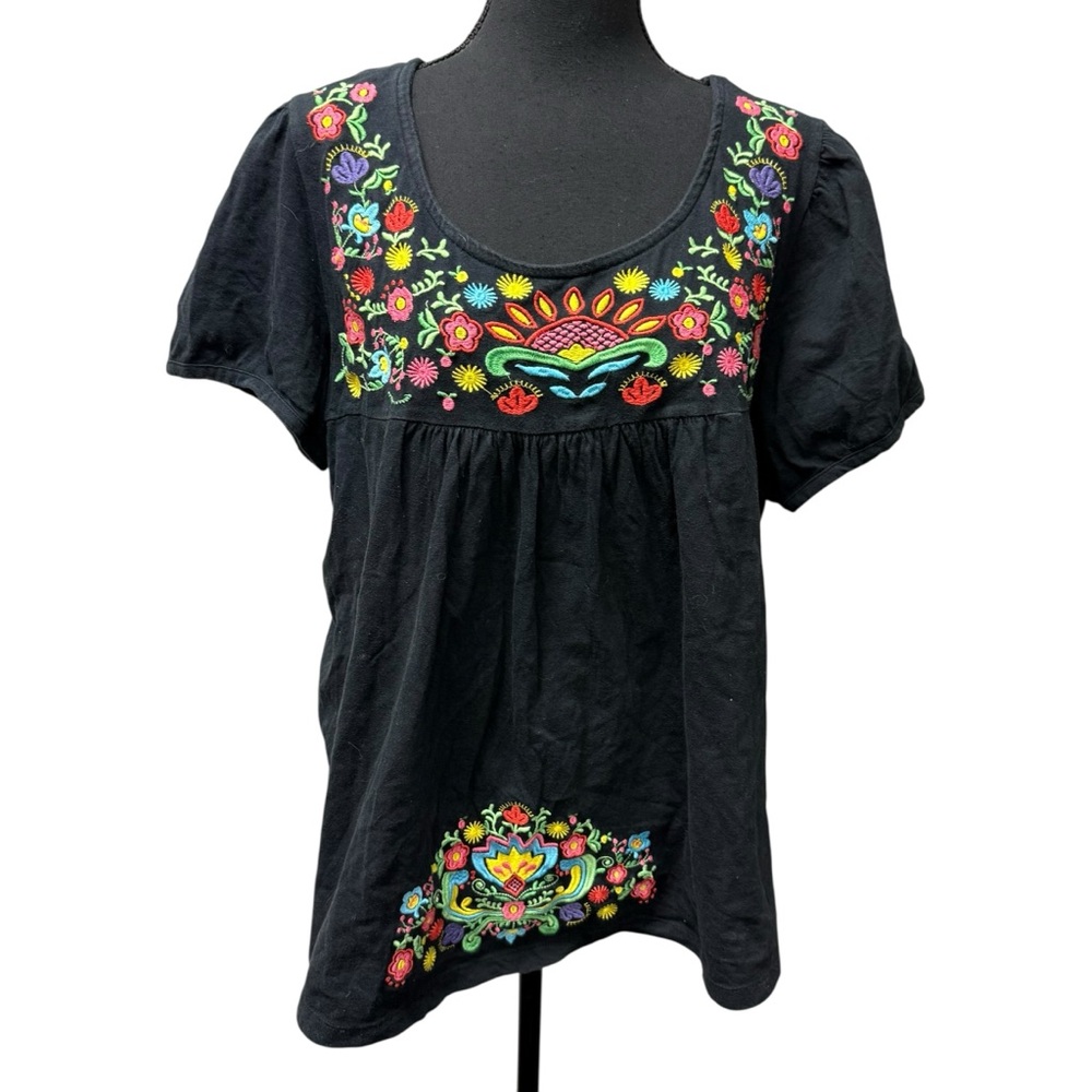 South Main XXL Black Floral Embroidered Boho Peasant Top Cotton - Picture 1 of 10